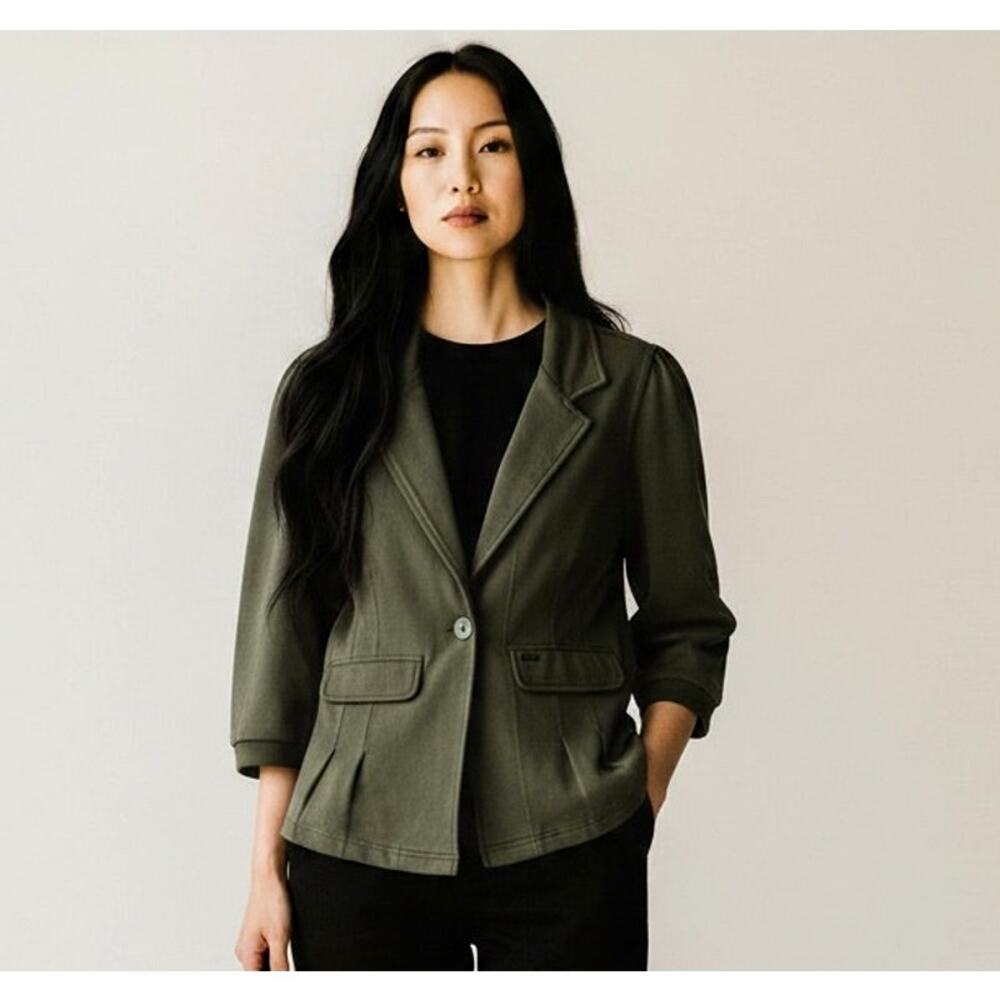DIESEL Olive Green Knit Blazer Jacket Womens Small Stretch Cotton Puff Sleeve